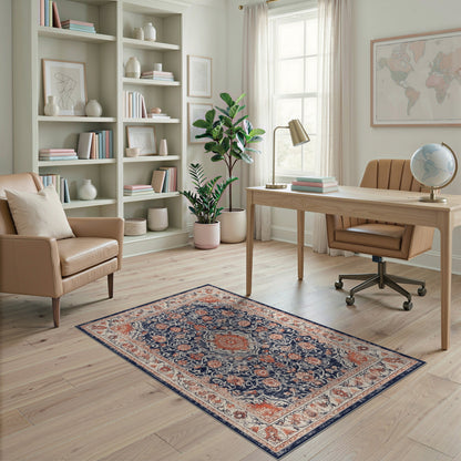 Distressed Blue Floral Medallion Area Rug