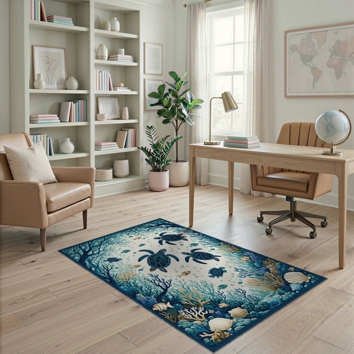Blue and Teal Blue Teal Sea Turtle Coastal Area Rug