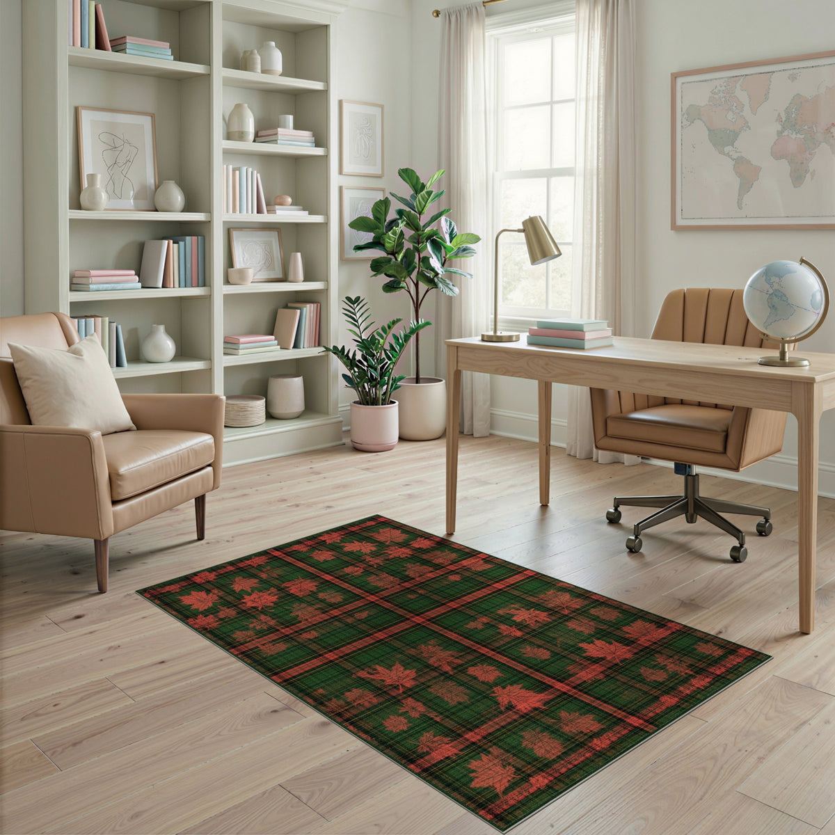 Green Plaid Maple Leaf Washable Area Rug