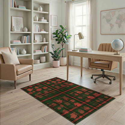 Green Plaid Maple Leaf Washable Area Rug