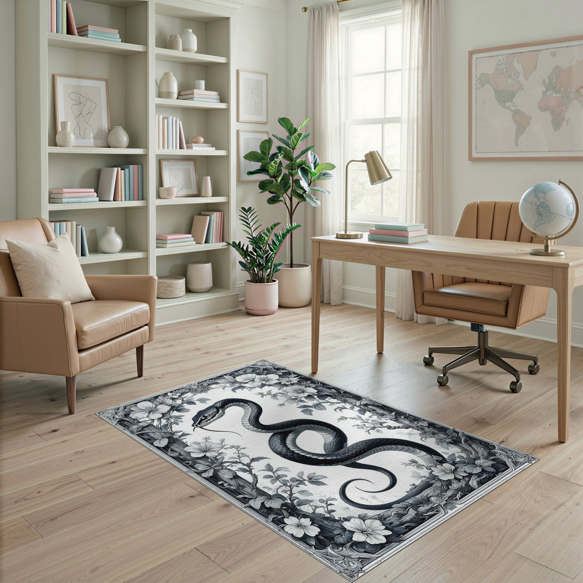 Black Serpent Floral Vintage Rug