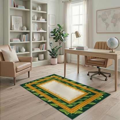 Green Gold Leaf Ornate Frame Area Rug