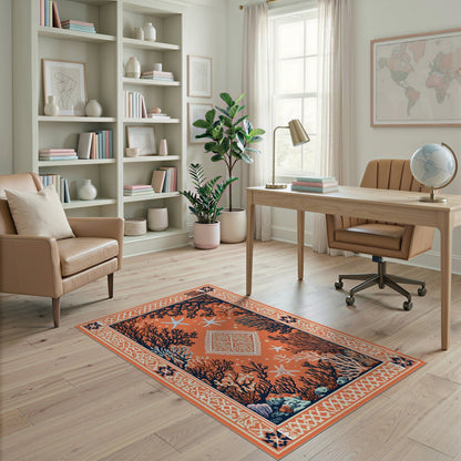 Orange Coral Starfish Coastal Area Rug