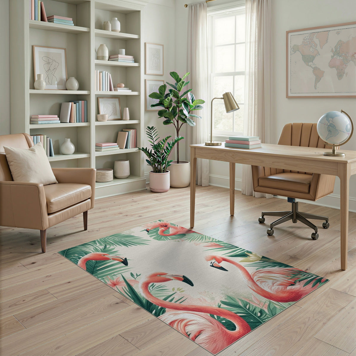 Flamingo Coastal Beach Pink Flamingo Palm Leaf Area Rug