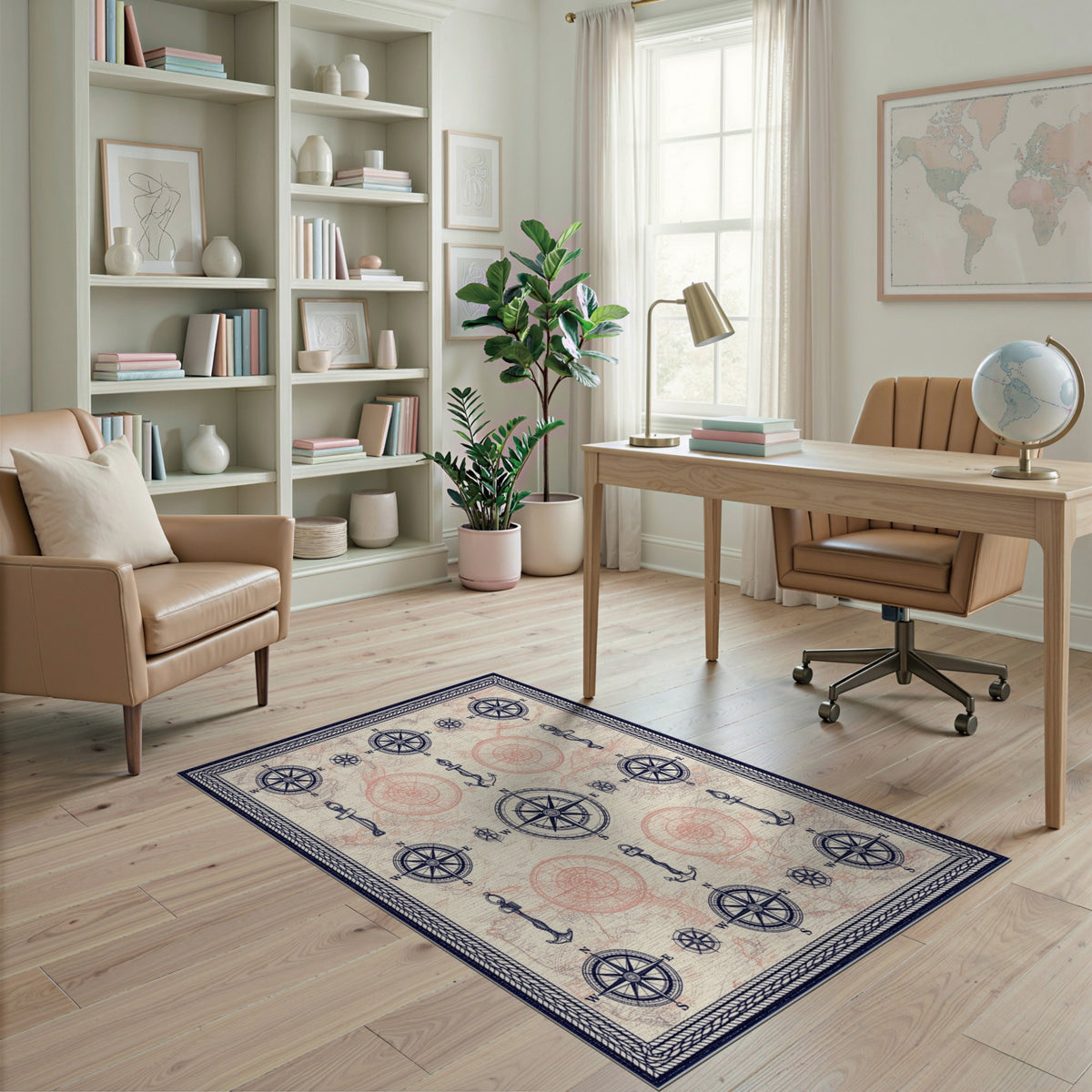 Distressed Vintage Blue and Teal Vintage Nautical Compass Area Rug