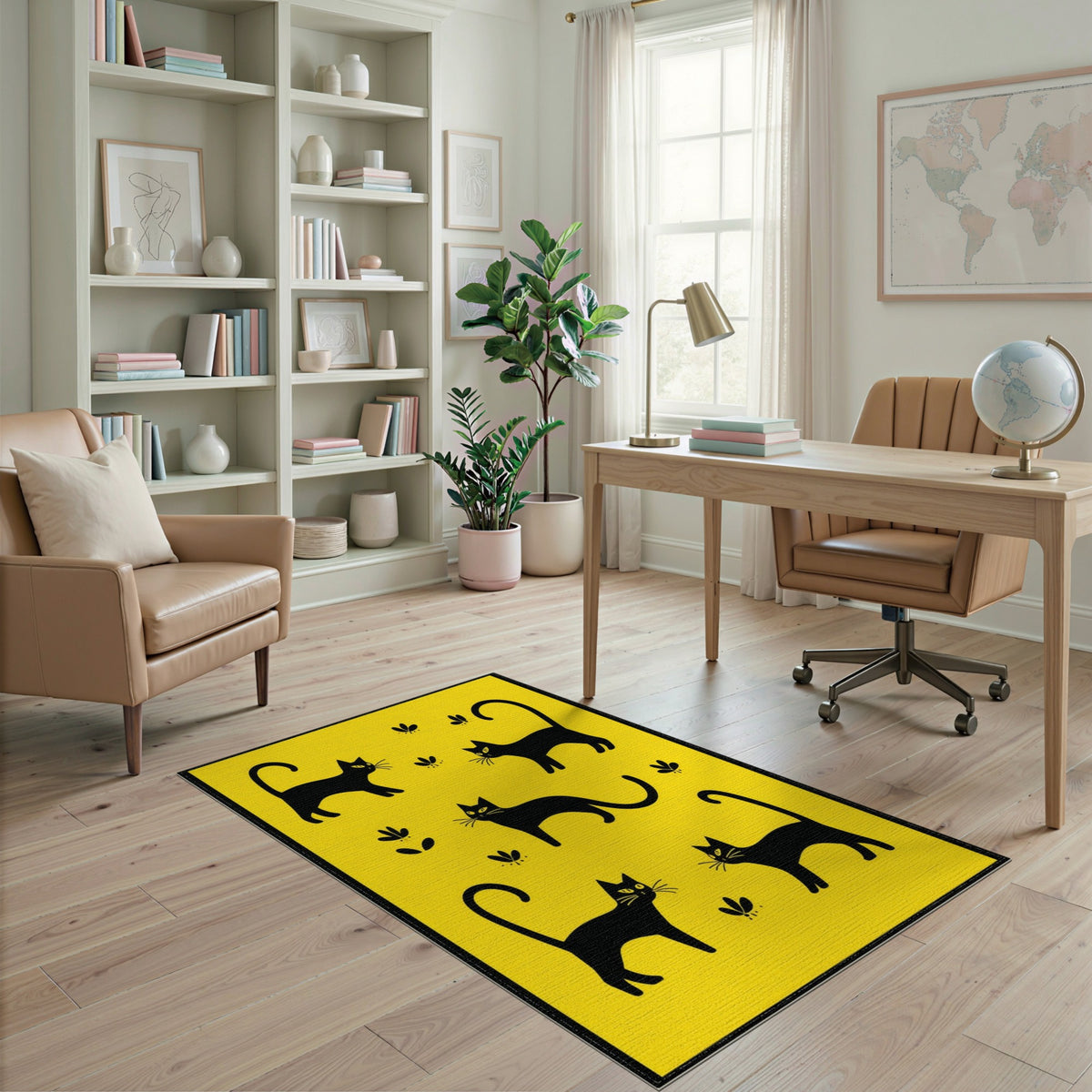 Black Cats and Butterflies Yellow Kids Rug
