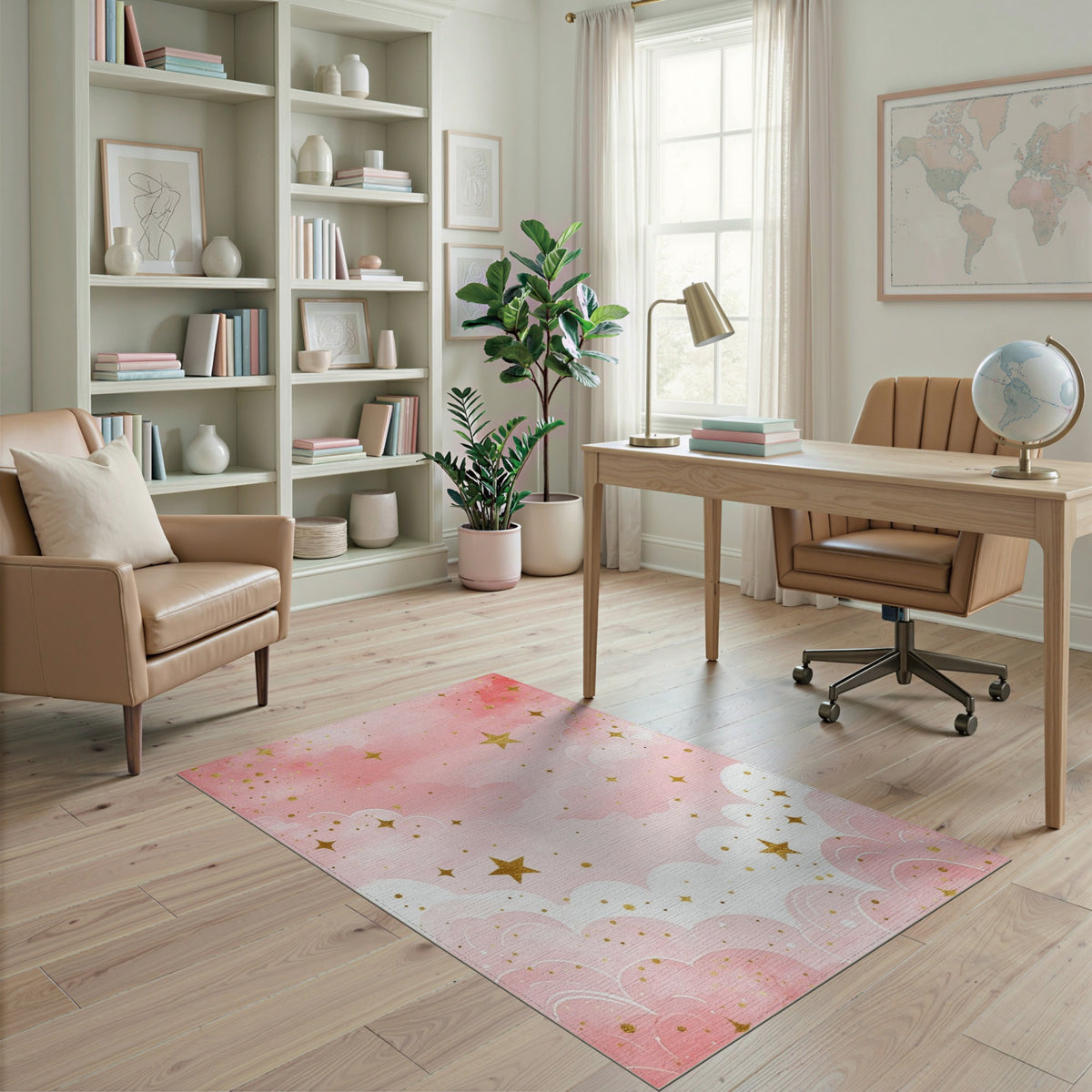 Pink Starry Clouds Kids Washable Area Rug