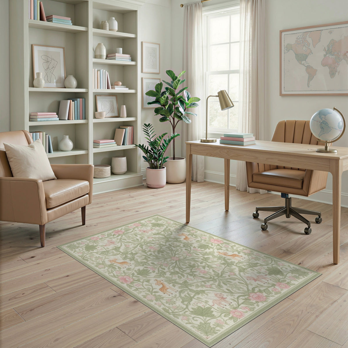 Pink Whimsical Flying Animals Floral Kids Rug
