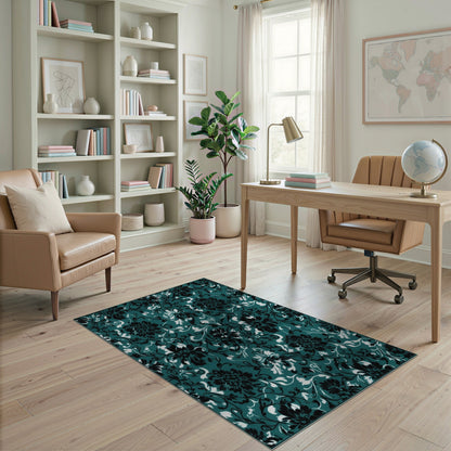 Teal Black Floral Vintage Area Rug