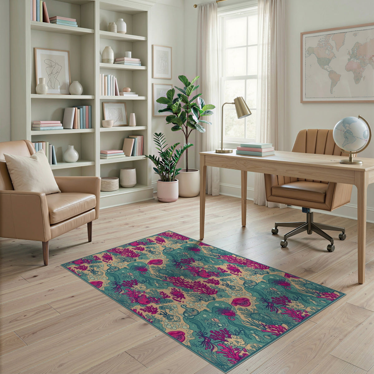 Pink Coral Teal Ocean Life Washable Area Rug