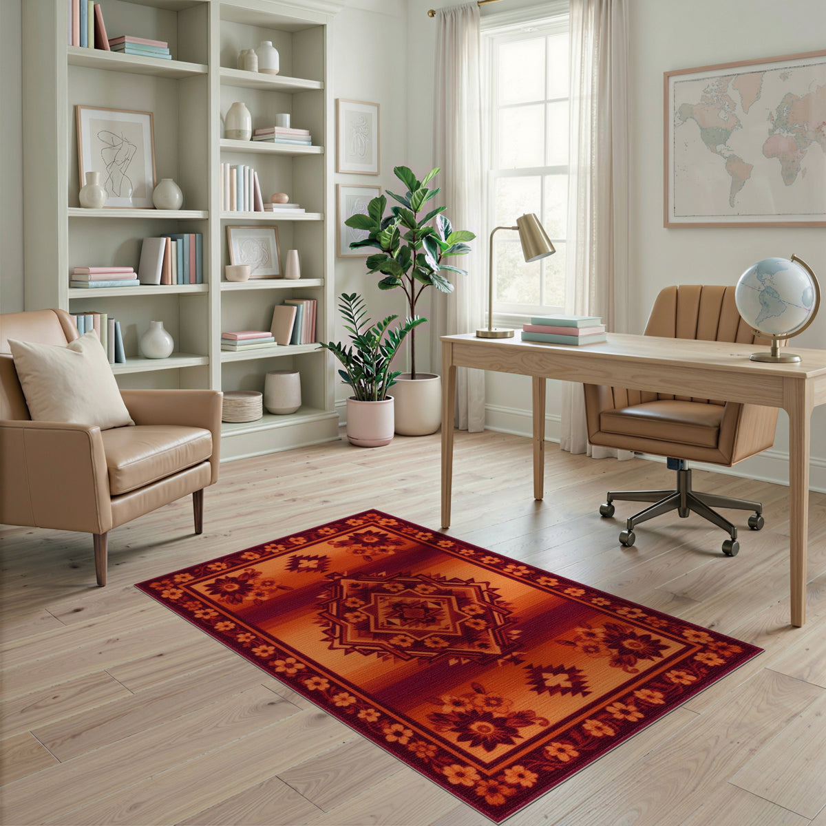 Southwestern Red Geometric Area Rug with Floral Border