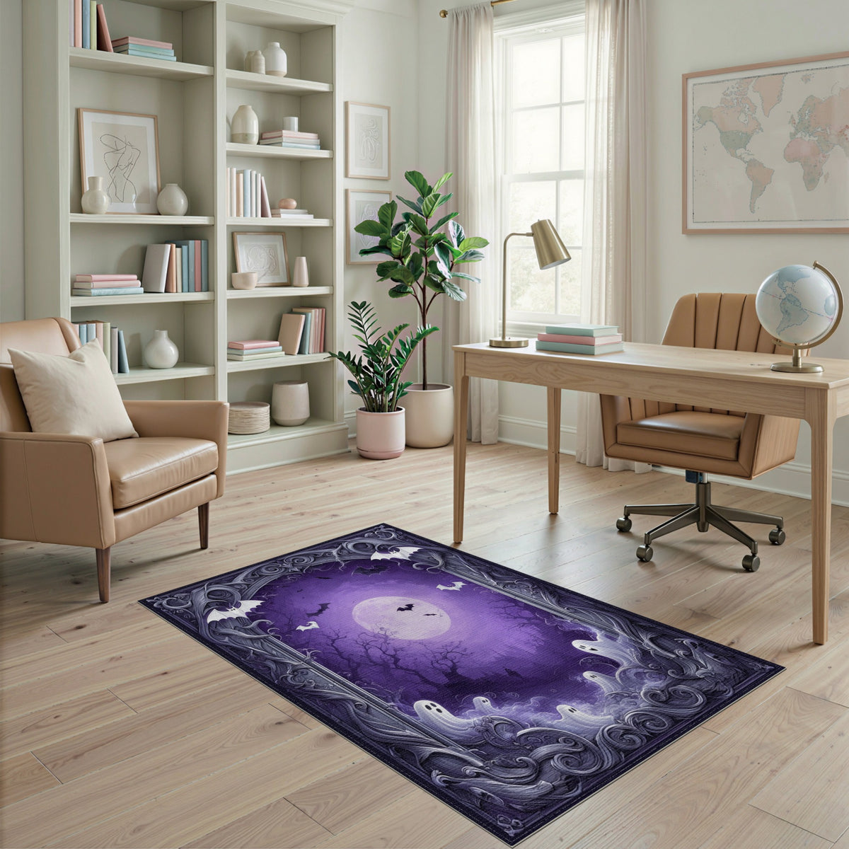 Spooky Purple Ghosts and Bats Halloween Rug