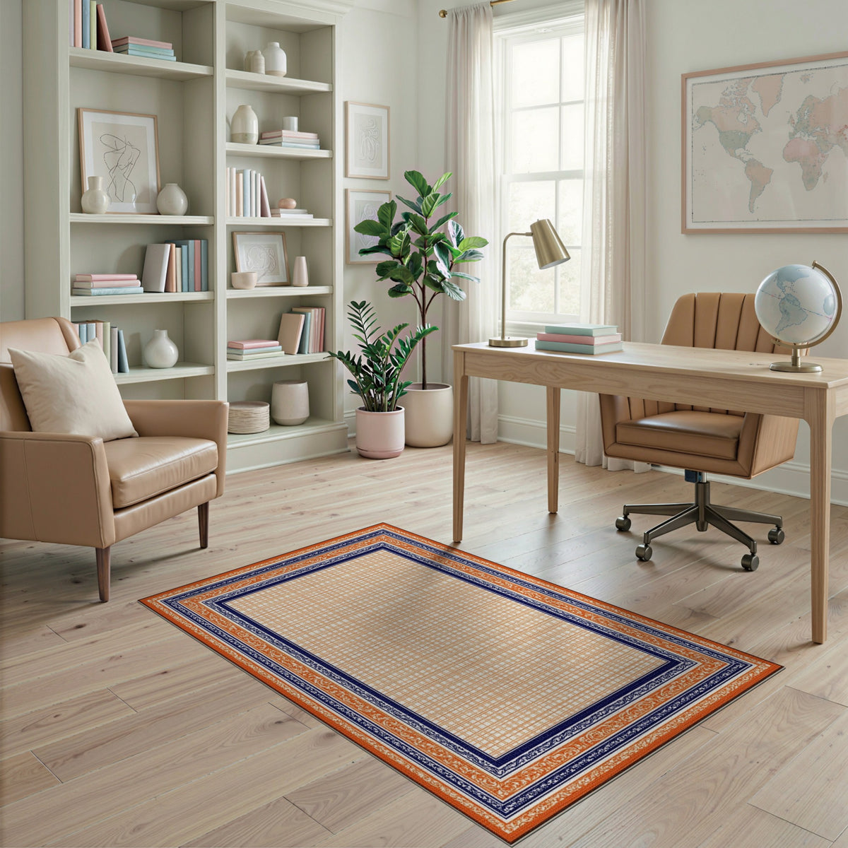 Orange Scroll Border Geometric Area Rug