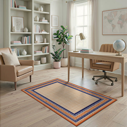 Orange Scroll Border Geometric Area Rug