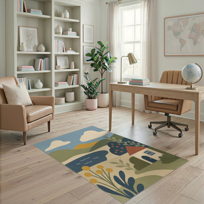 Blue Hillside Cottage Washable Area Rug
