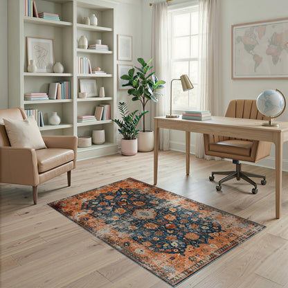 Distressed Orange Floral Vintage Area Rug
