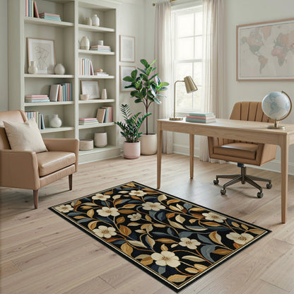 Vintage Floral Black Area Rug with Cream Blooms