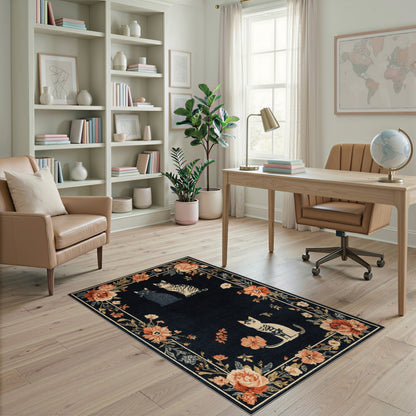 Black and White Black Cat Floral Vintage Area Rug
