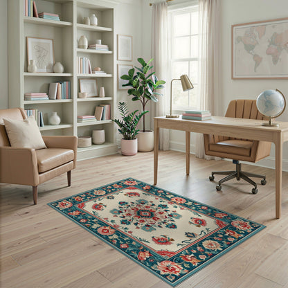 Blue and Teal Medallion Teal Floral Medallion Vintage Area Rug