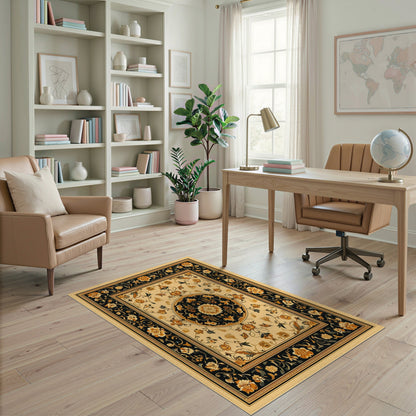Black and Gold Persian Floral Medallion Rug