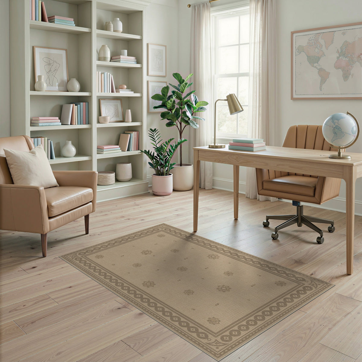 Beige Neutral Persian Floral Border Area Rug
