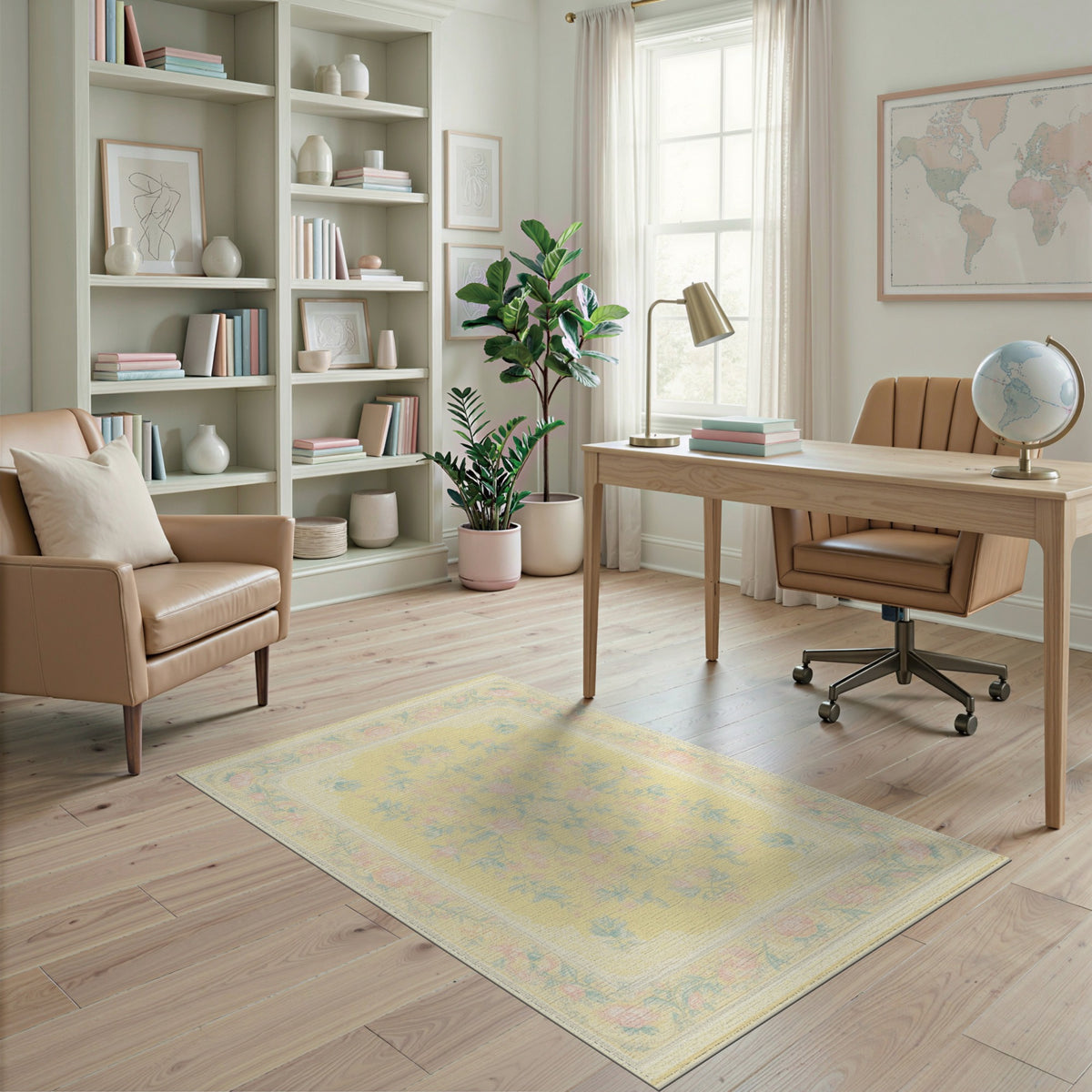 Pastel Yellow Rose Floral Vintage Area Rug