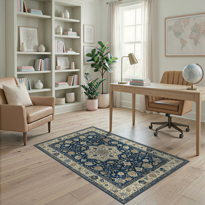 Floral Medallion Traditional Persian Navy Blue Persian Floral Medallion Area Rug