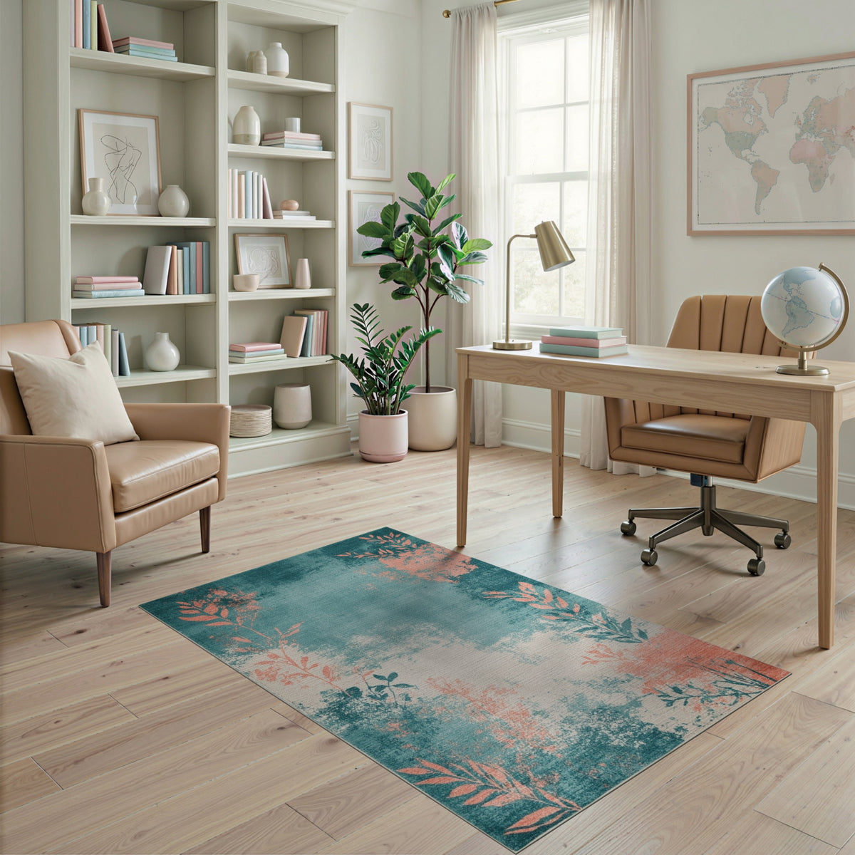 Distressed Teal Coral Leaf Area Rug