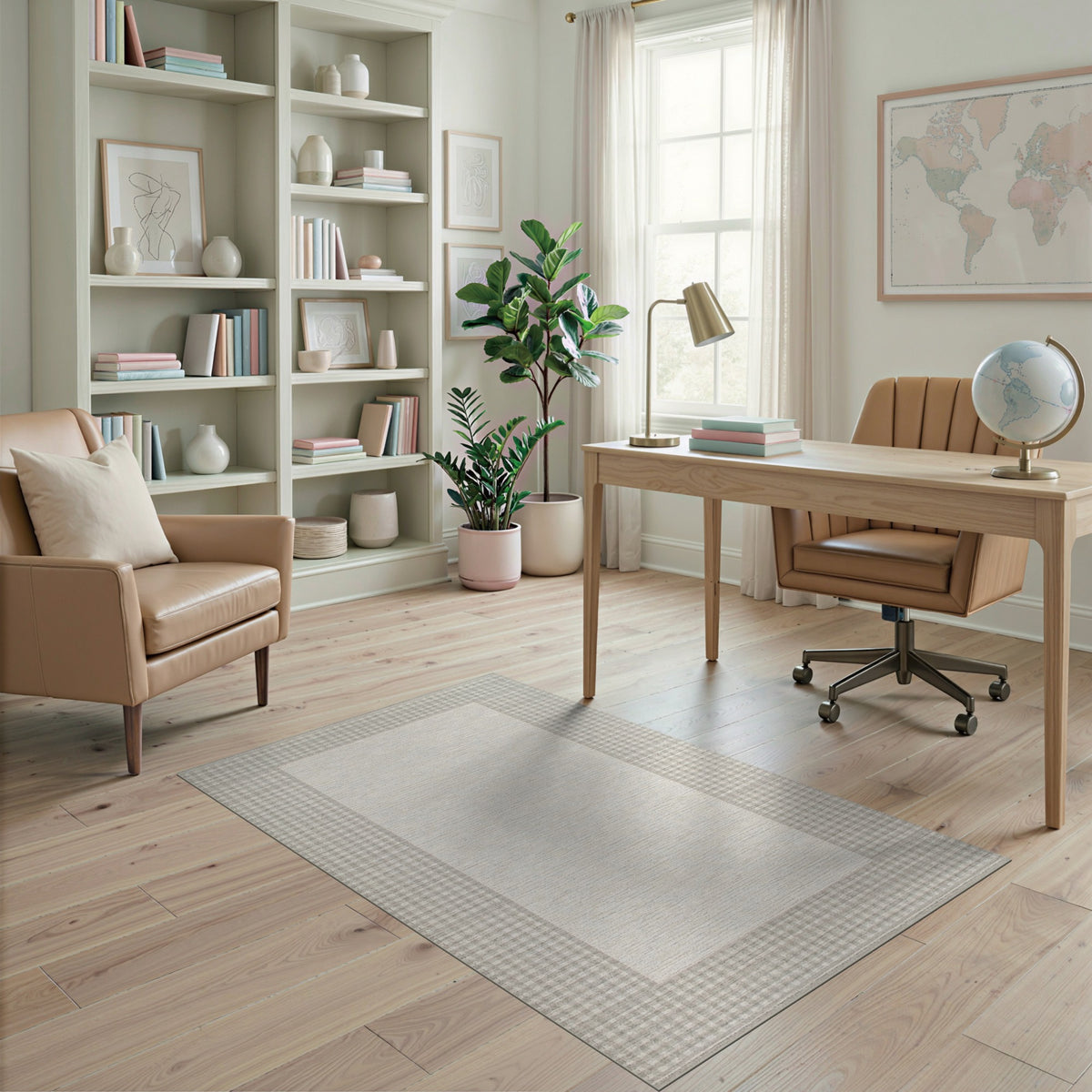 Beige Gingham Border Area Rug