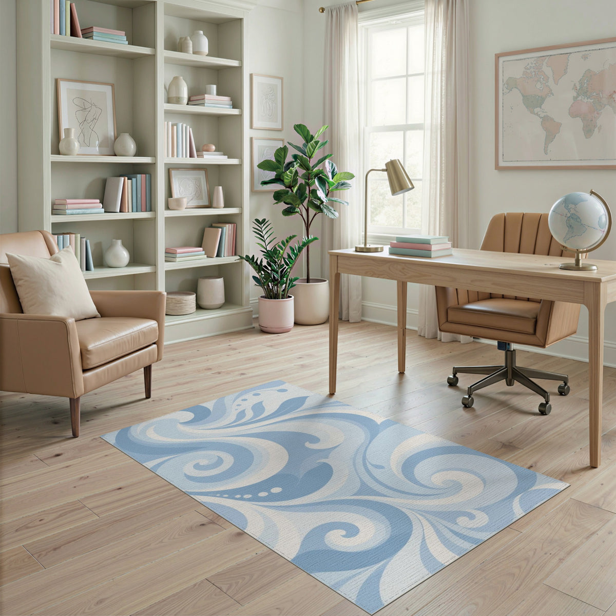 Blue and Teal Blue Swirl Abstract Washable Area Rug