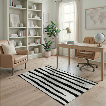 Bold Black White Abstract Striped Area Rug