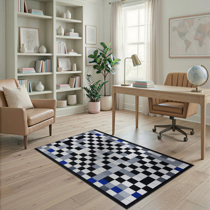 Black White Geometric Area Rug with Blue Accents