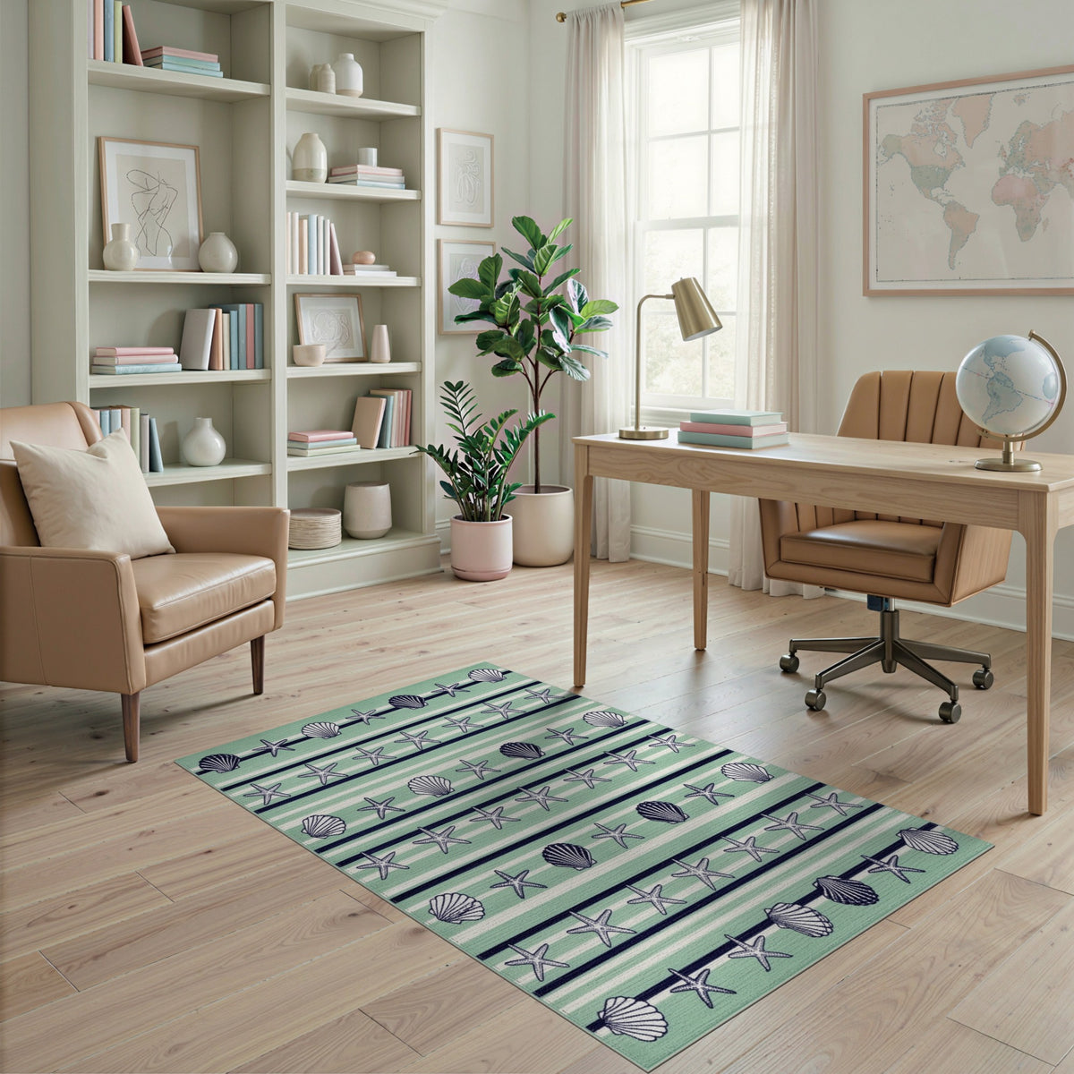 Mint Green Seashell Starfish Coastal Area Rug