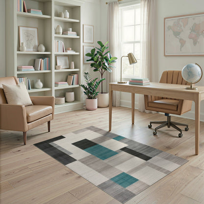 Modern Teal Geometric Area Rug Black Grey