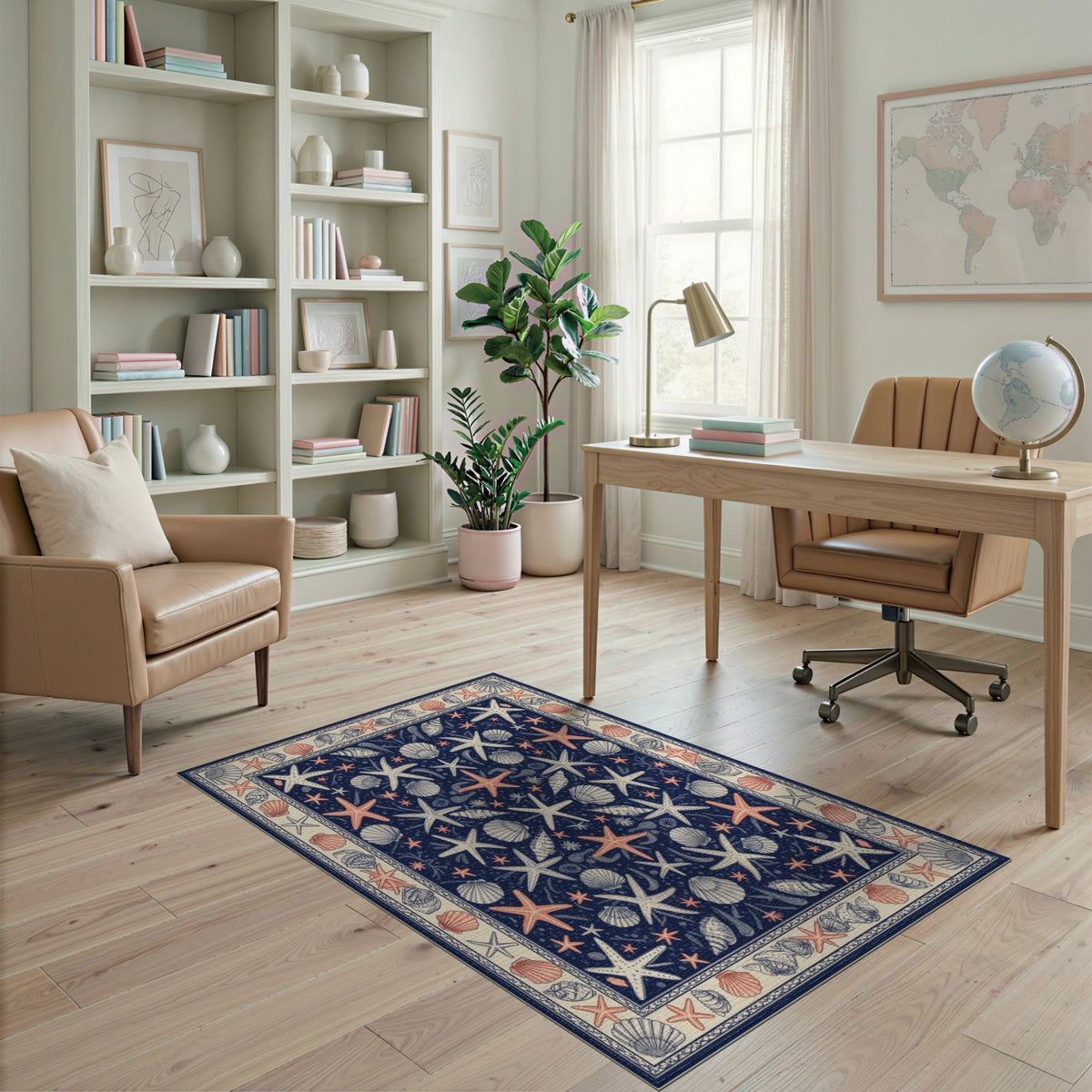Blue and Teal Navy Coastal Starfish Seashell Area Rug