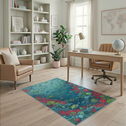 Blue and Teal Ocean Coral Reef Fish Area Rug