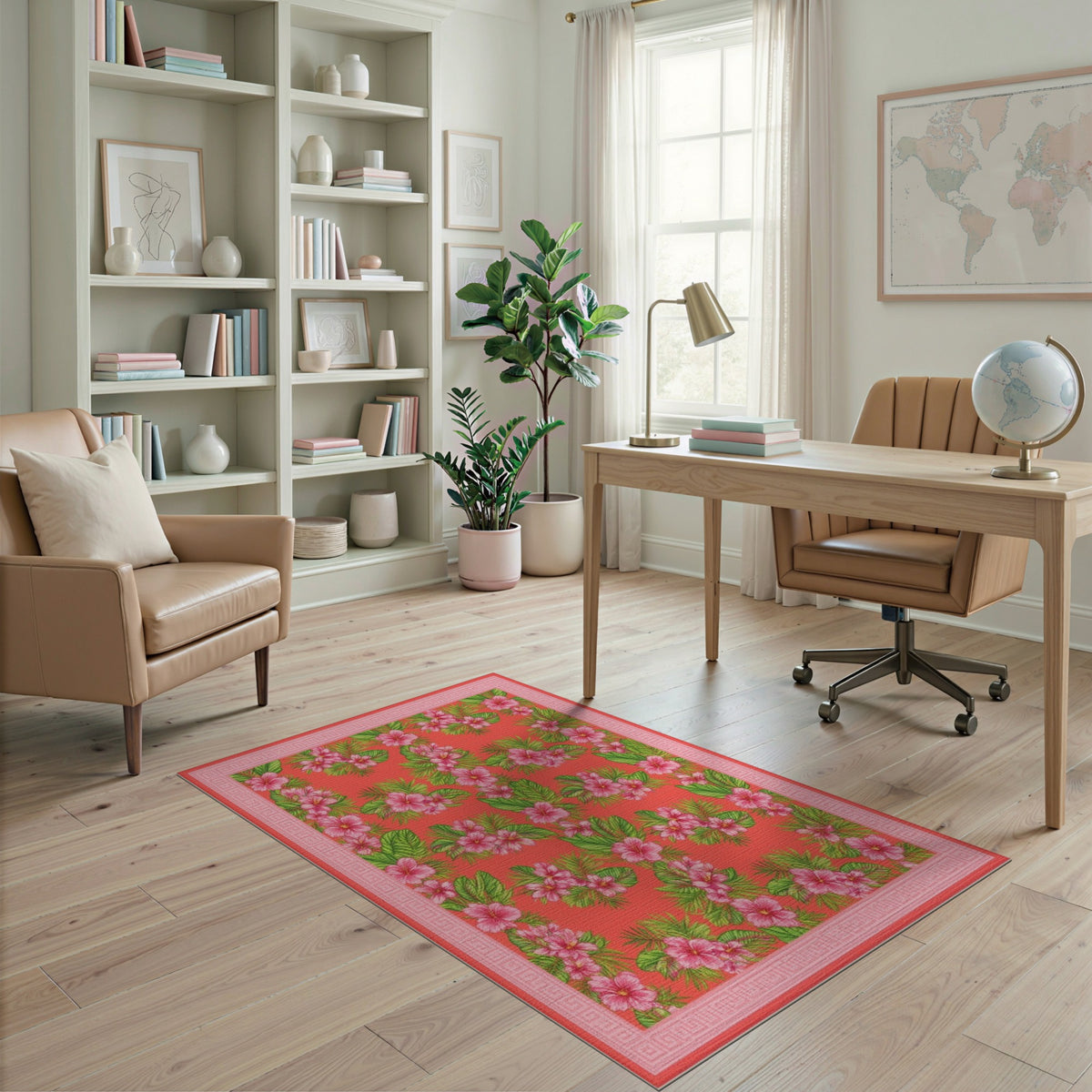 Red Pink Hibiscus Floral Vintage Area Rug