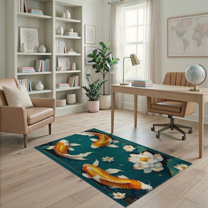 Floral Vintage Teal Koi Lotus Washable Area Rug