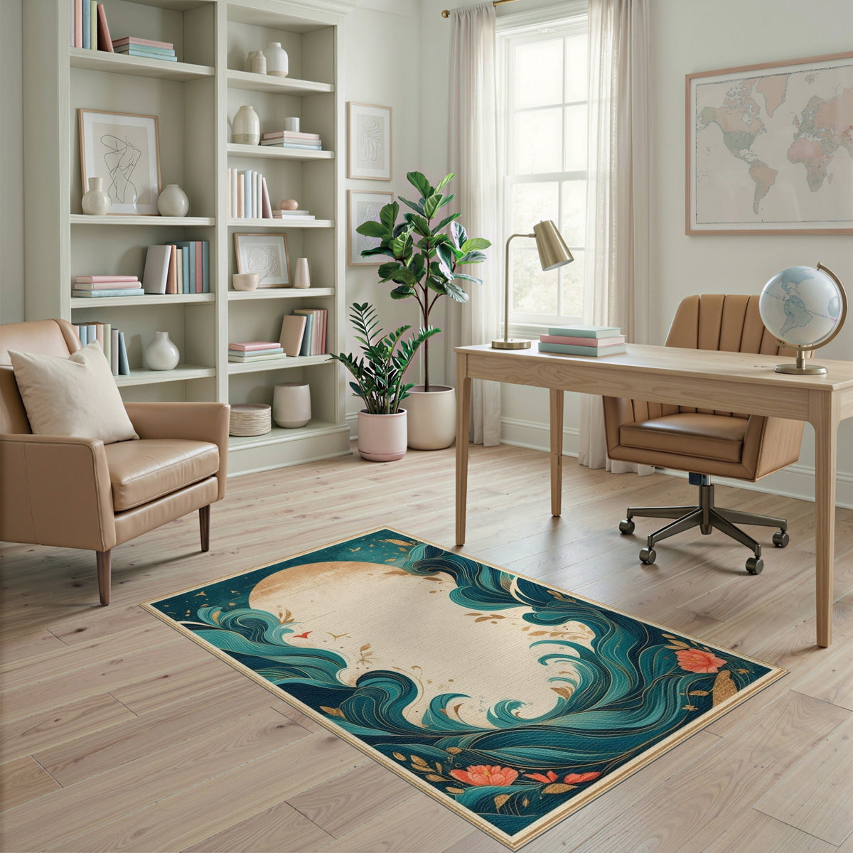 Teal Wave Coastal Floral Area Rug