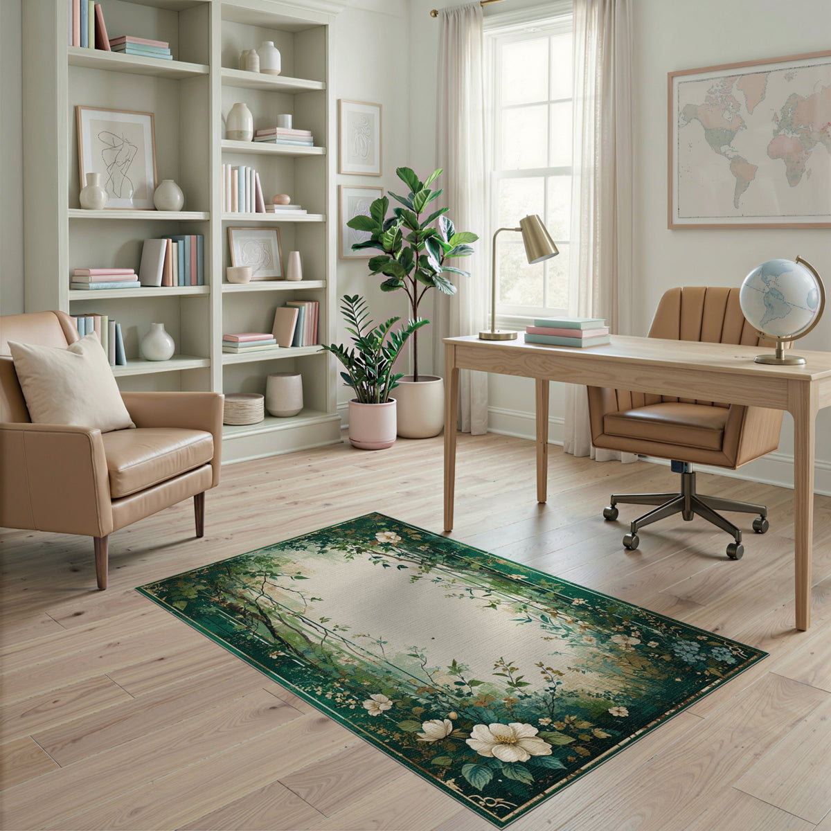 Green Floral Vintage Washable Floral Vintage Area Rug