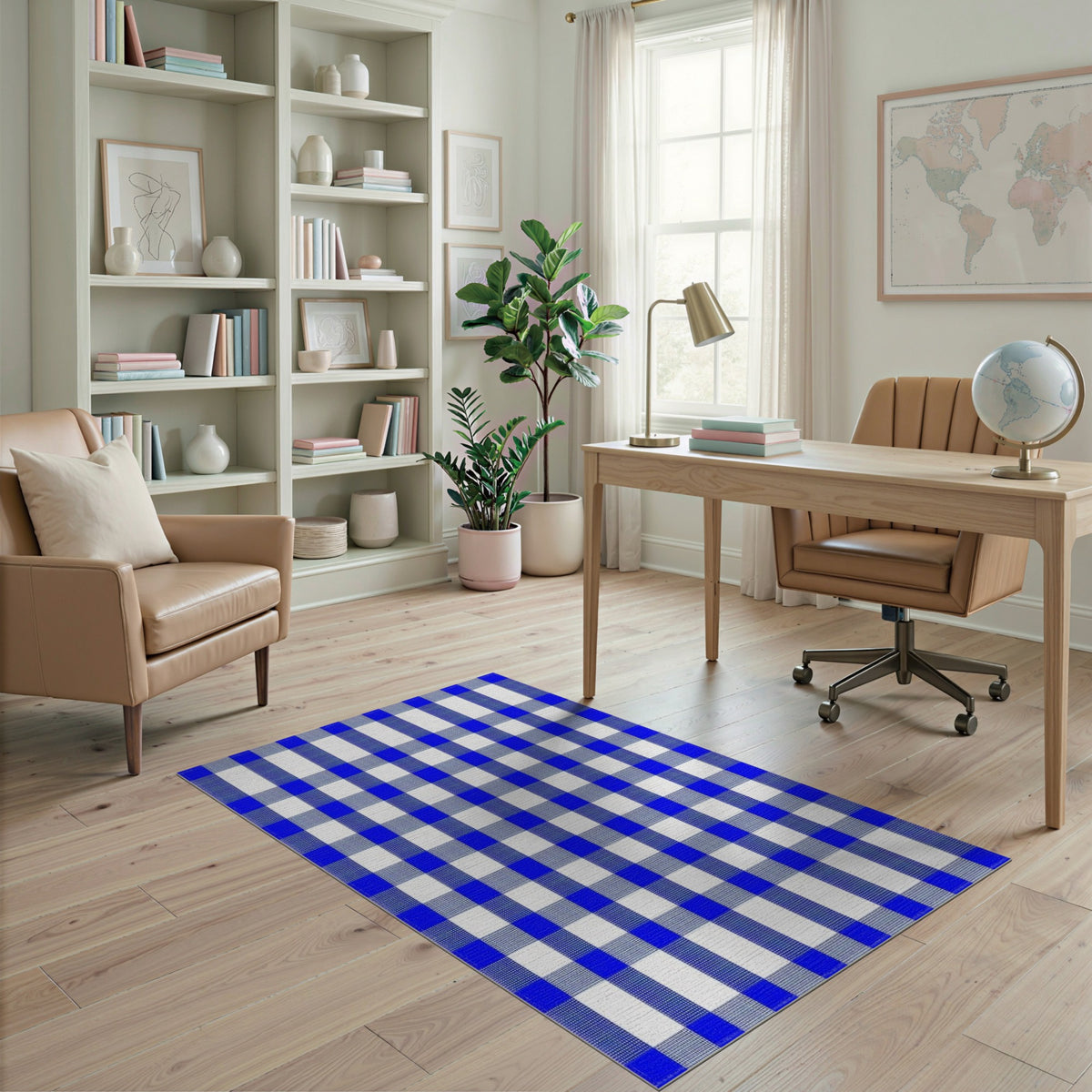 Blue Checkered Washable Geometric Modern Area Rug