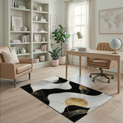 Black White Abstract Gold Wave Area Rug