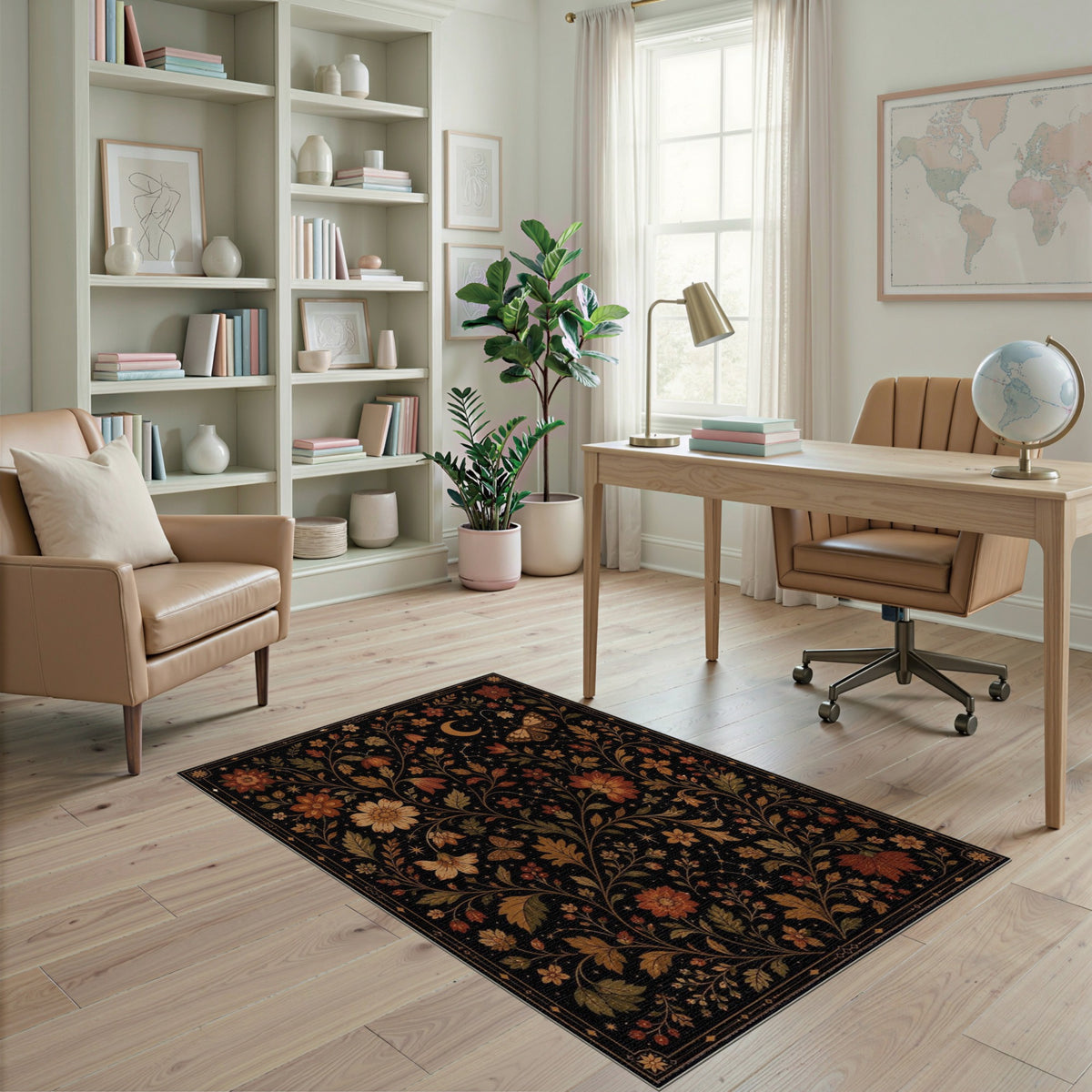 Celestial Floral Area Rug with Moon and Butterflies