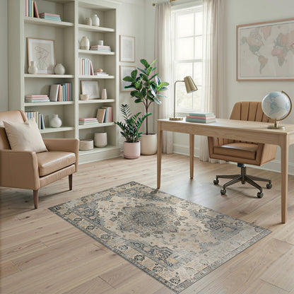 Beige and Neutral Vintage Beige Persian Medallion Area Rug