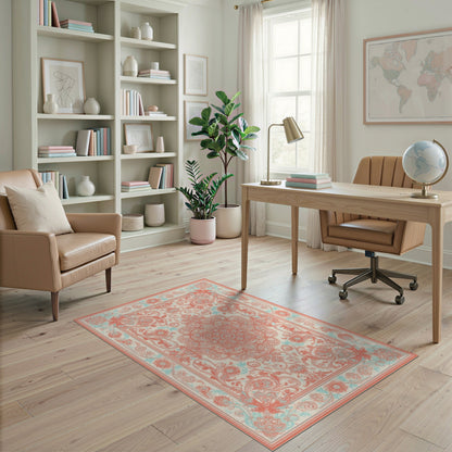 Coral and Teal Floral Medallion Area Rug