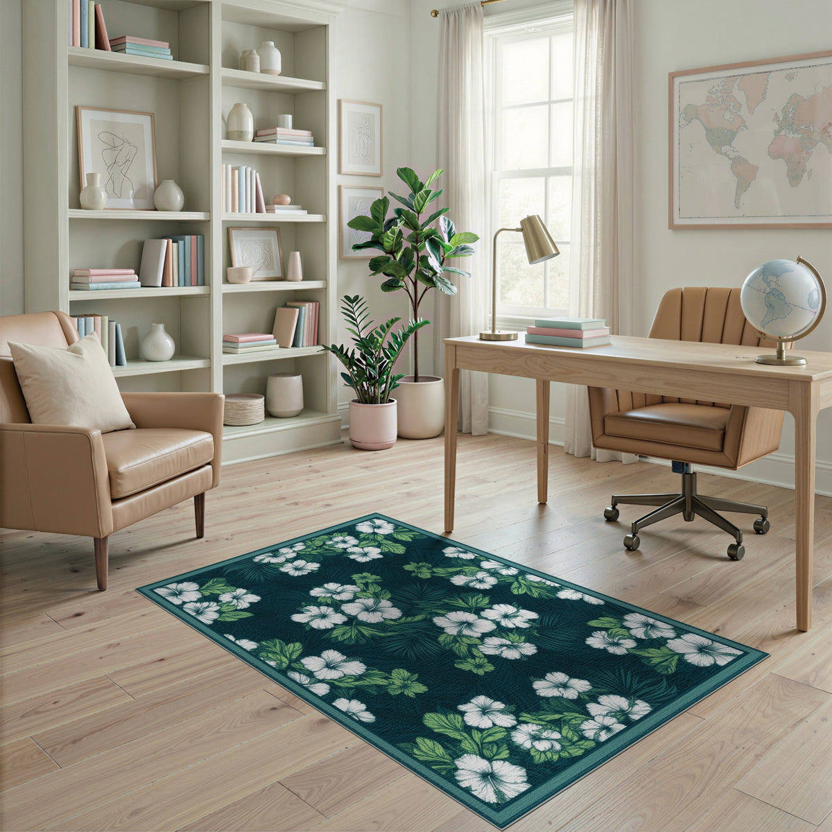 Blue and Teal Hibiscus Floral Area Rug