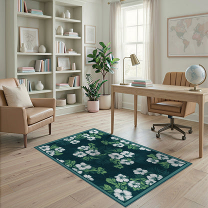 Blue and Teal Hibiscus Floral Area Rug
