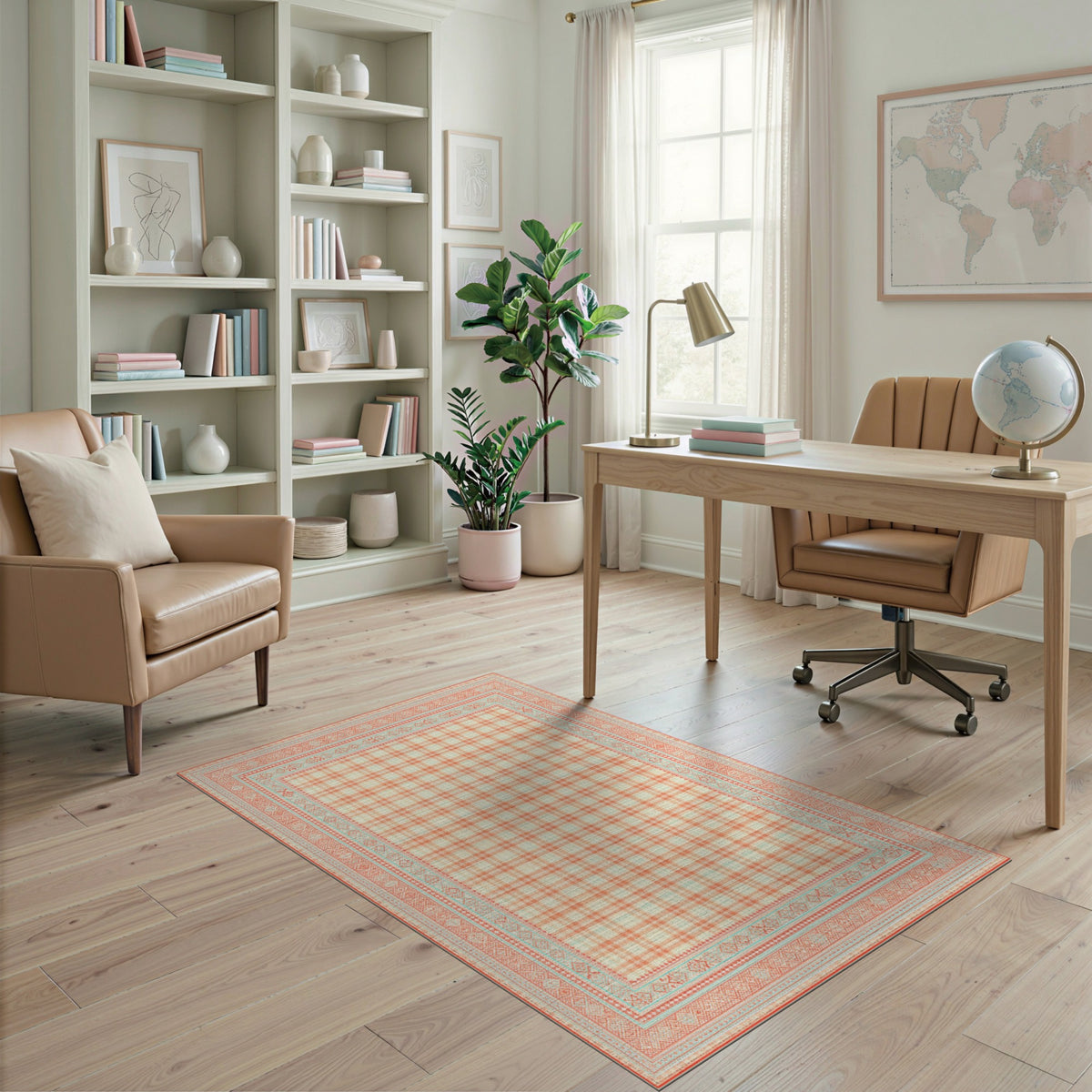 Orange Gingham Area Rug with Teal Border