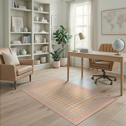 Orange Gingham Area Rug with Teal Border
