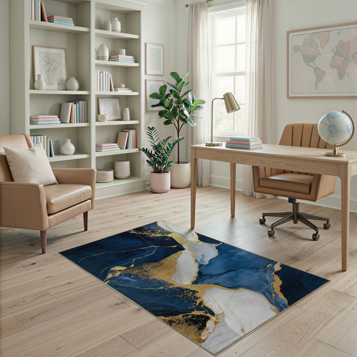 Blue and Teal Navy Blue Gold Abstract Marble Area Rug